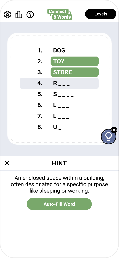 Connect 8 Words game screen with words highlighted