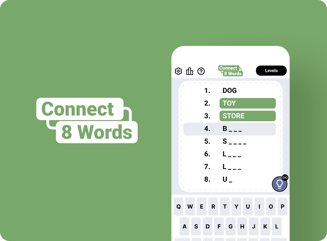 device mockup showing connect 8 words game