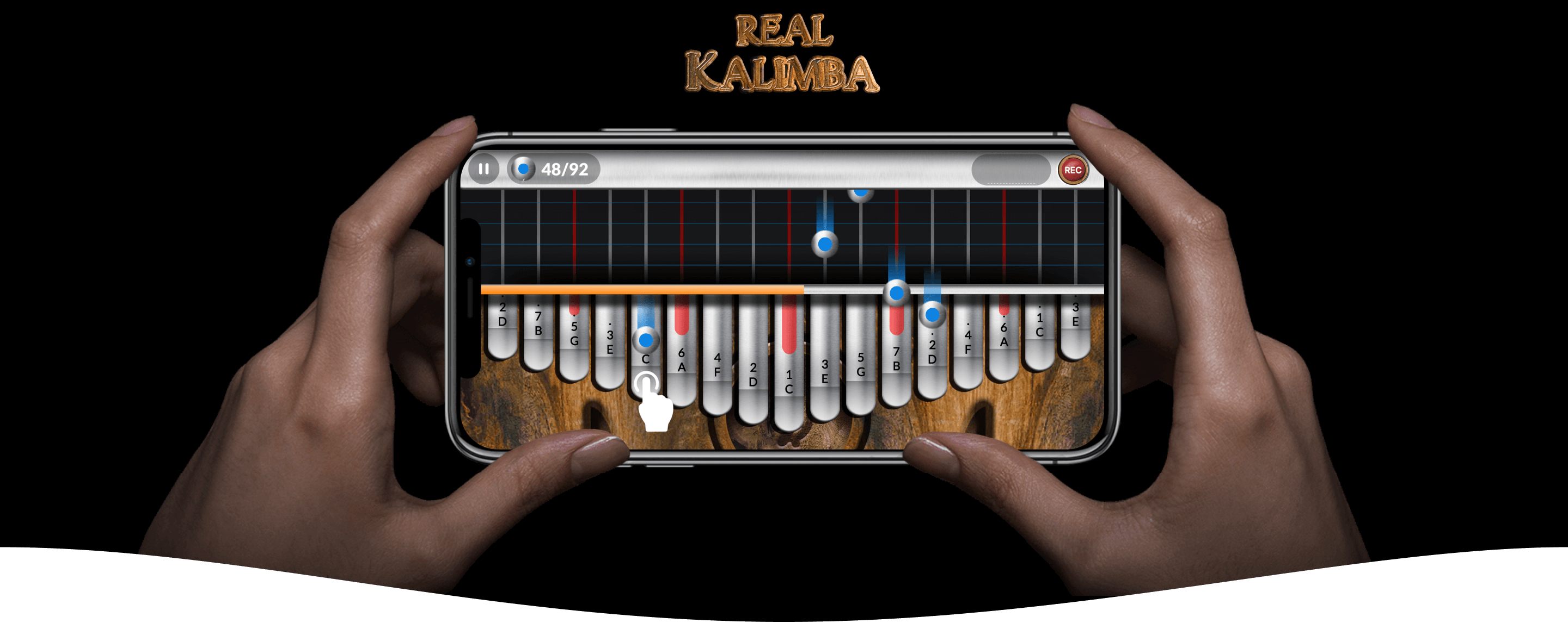 Two hands holding an iPhone on a dark background and the display showing Real Kalimbas blue metal falling notes