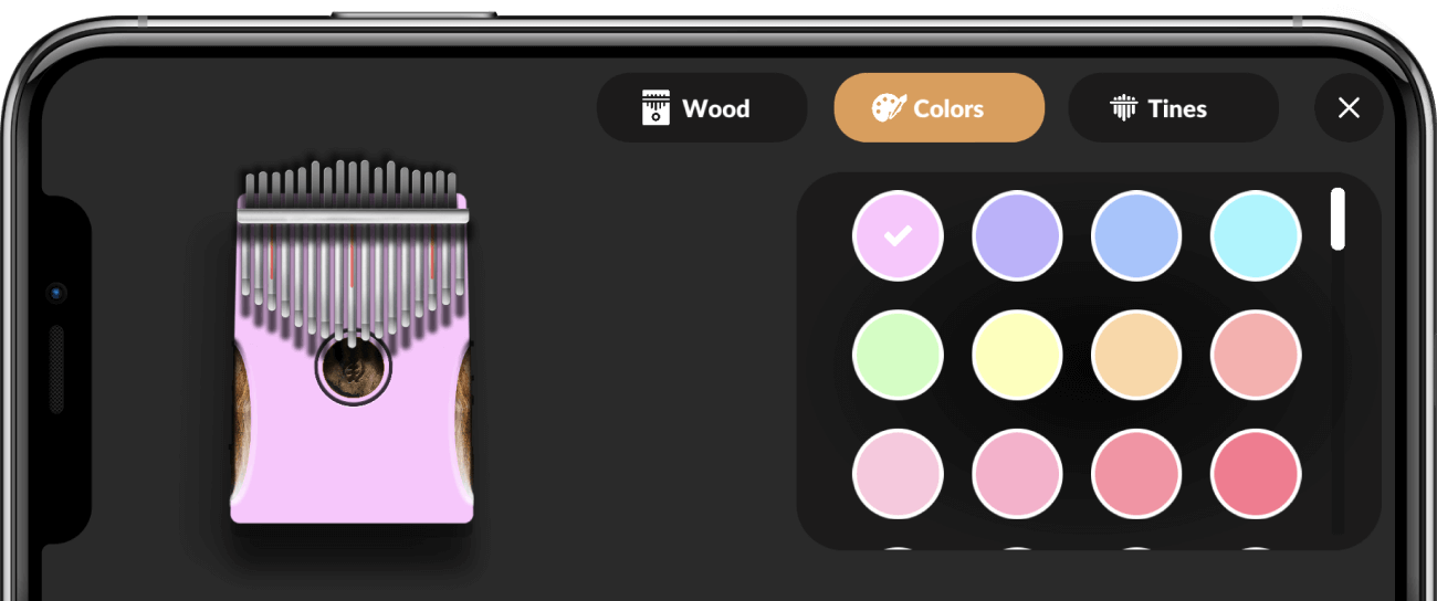 Real Kalimbas customisation screen with a pink kalimba on the left and a grid of circular Pastel colors