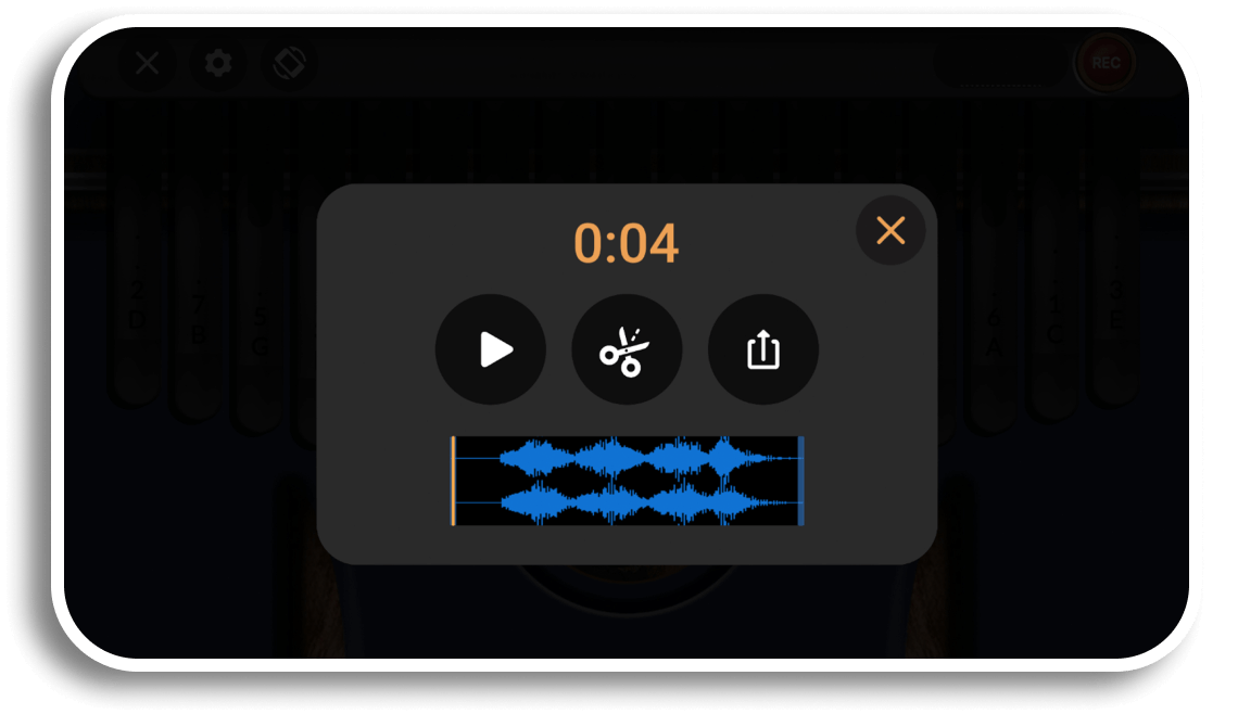 Real Kalimbas recoding export screen showing the wave of the recorded sound and the play, trim and share buttons above it