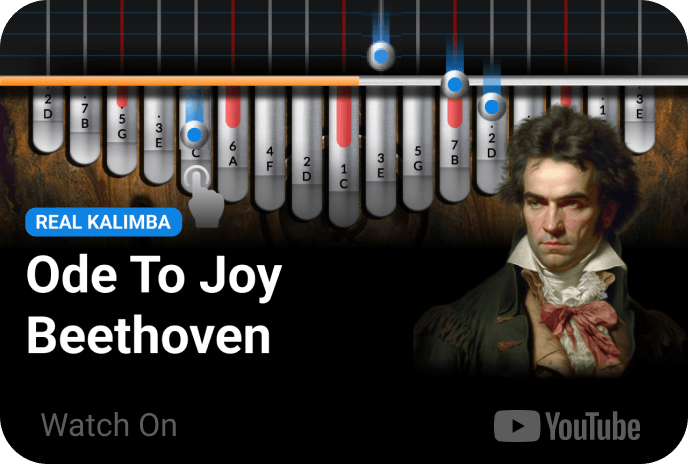 Real Kalimba Ode to Joy youtube video thumbnail with Beethoven on top of real kalimbas interface