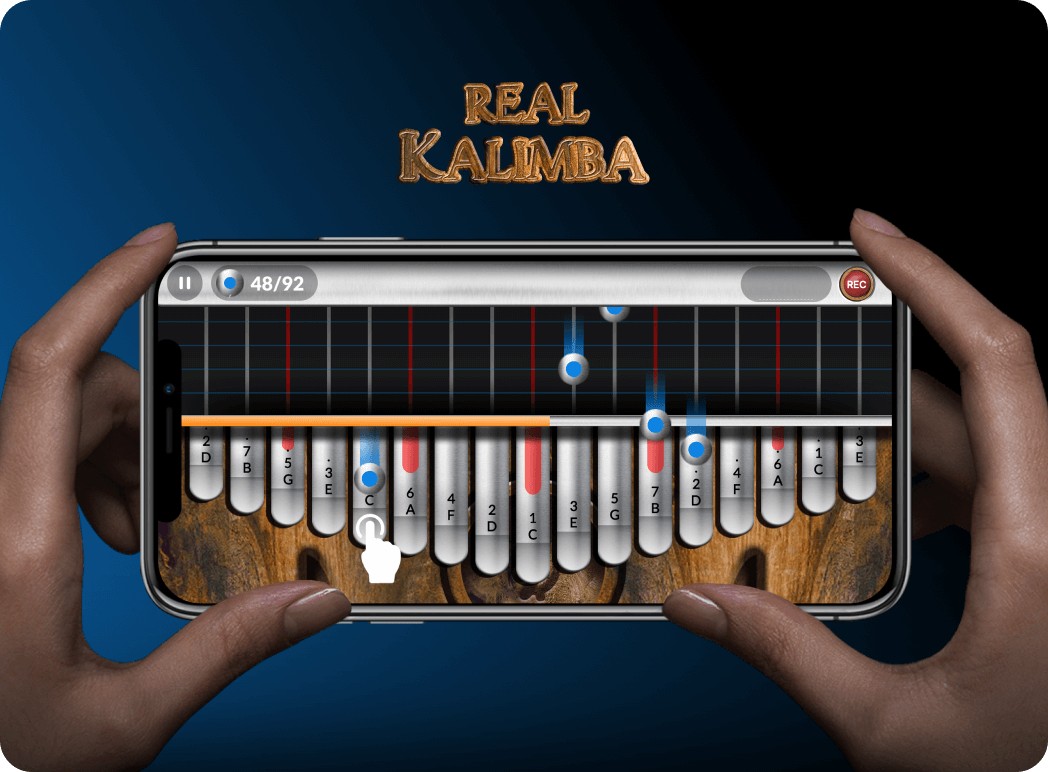 Two hands holding an iPhone on a dark background with a blue gradient and the display showing Real Kalimbas blue metal falling notes